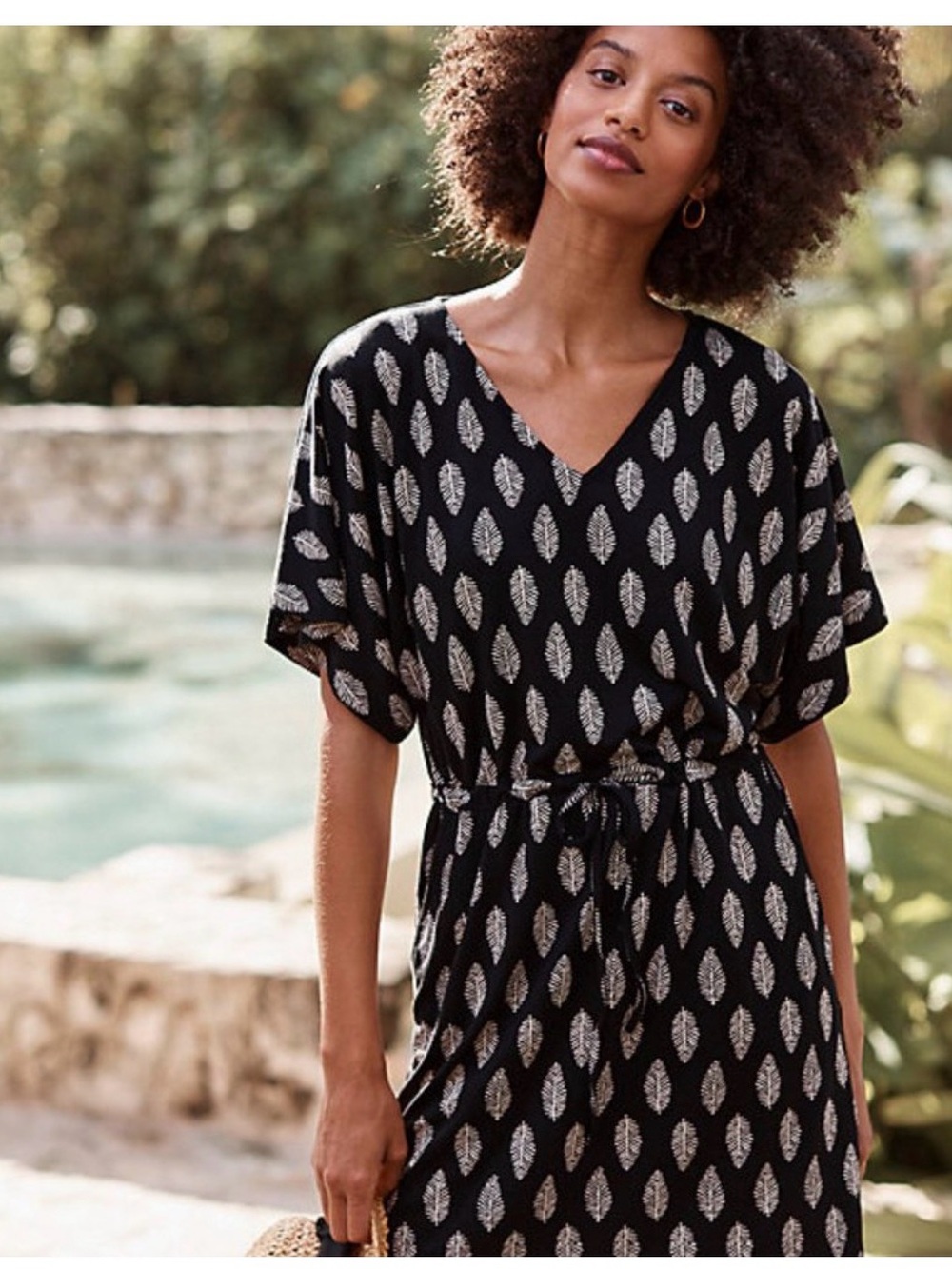 Garnet Hill Wren V-Neck Knit Black Dress Cinched Waist Cream Leaf Print